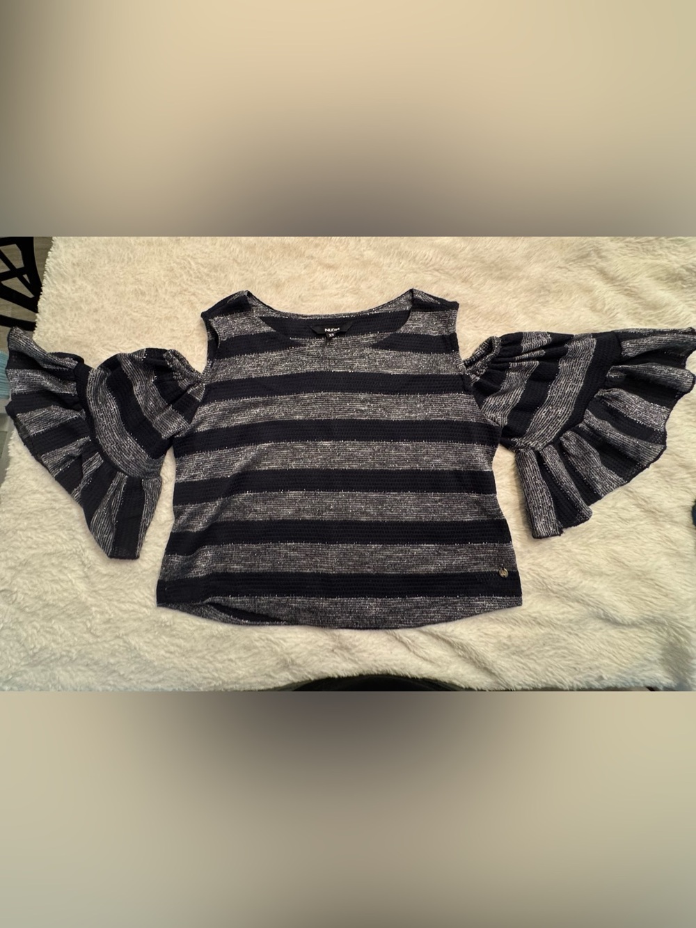 Striped Ruffle Sleeve Top in Black and Silver